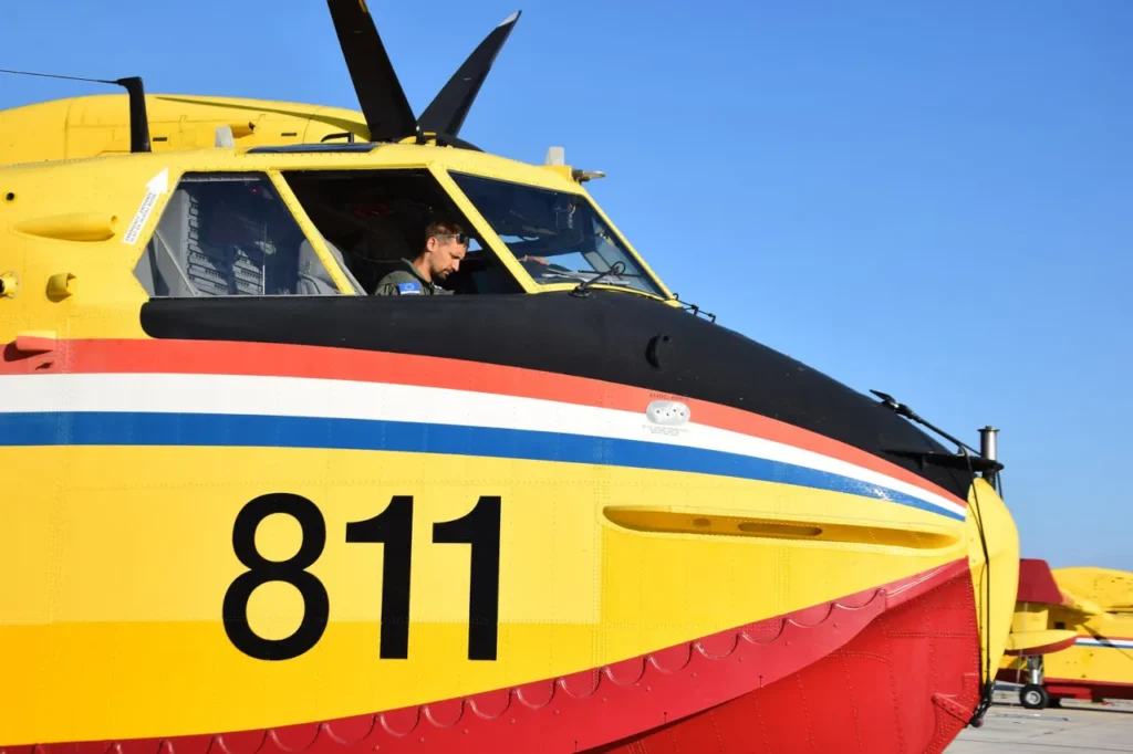 Pilot in the cockpit of the Croatian Canadair sent to France for a firefighting mission