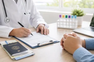 Doctor completing paperwork during medical tests for foreign workers in Croatia