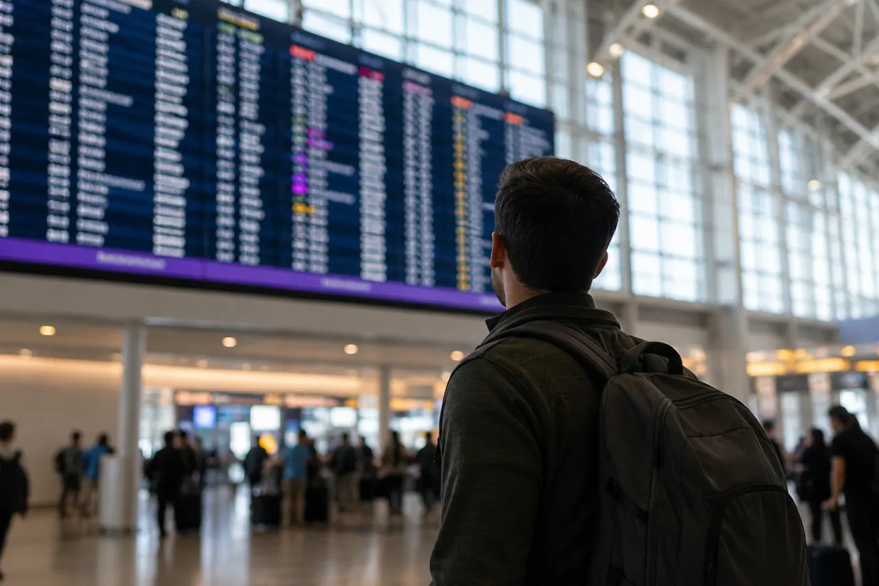 Traveller checking an airport flight board under new EU air passenger rights rules