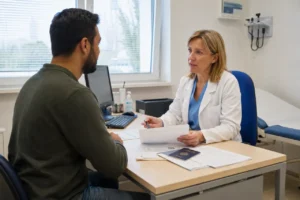 Foreign national discussing health requirements for foreign nationals in Croatia with a doctor