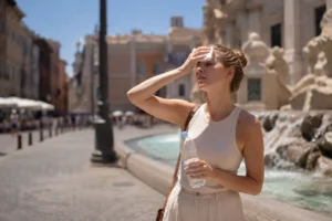Heatwave warnings in Croatia as a woman cools down during extreme summer heat