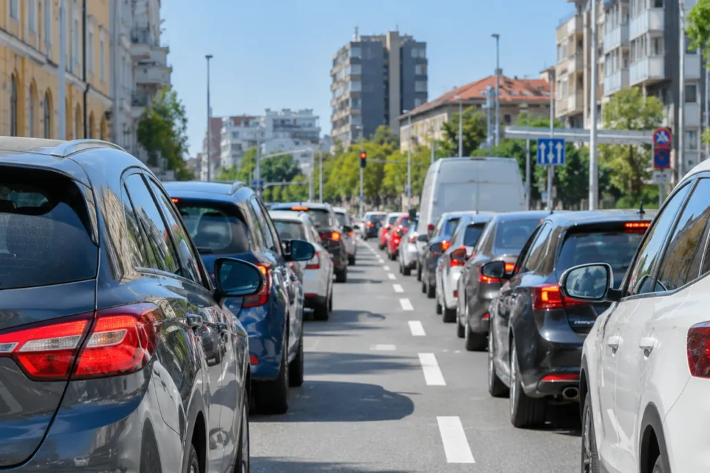 Heavy traffic in Croatia with long queues of cars on a busy road during the holiday period