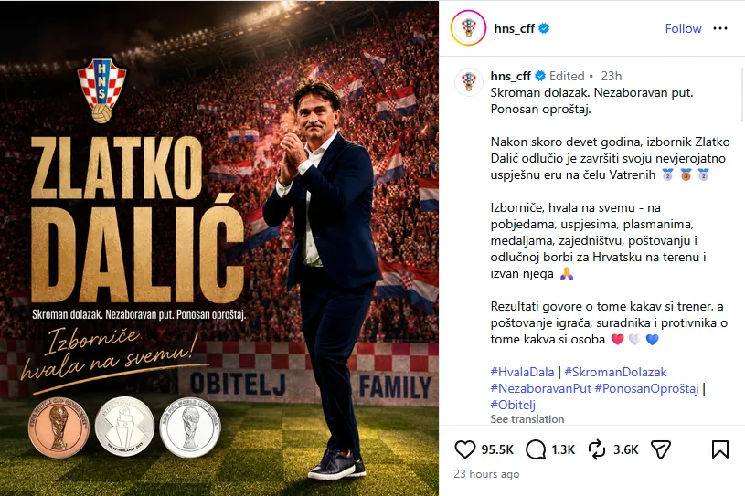 HNS tribute to Zlatko Dalić after his departure as Croatia head coach