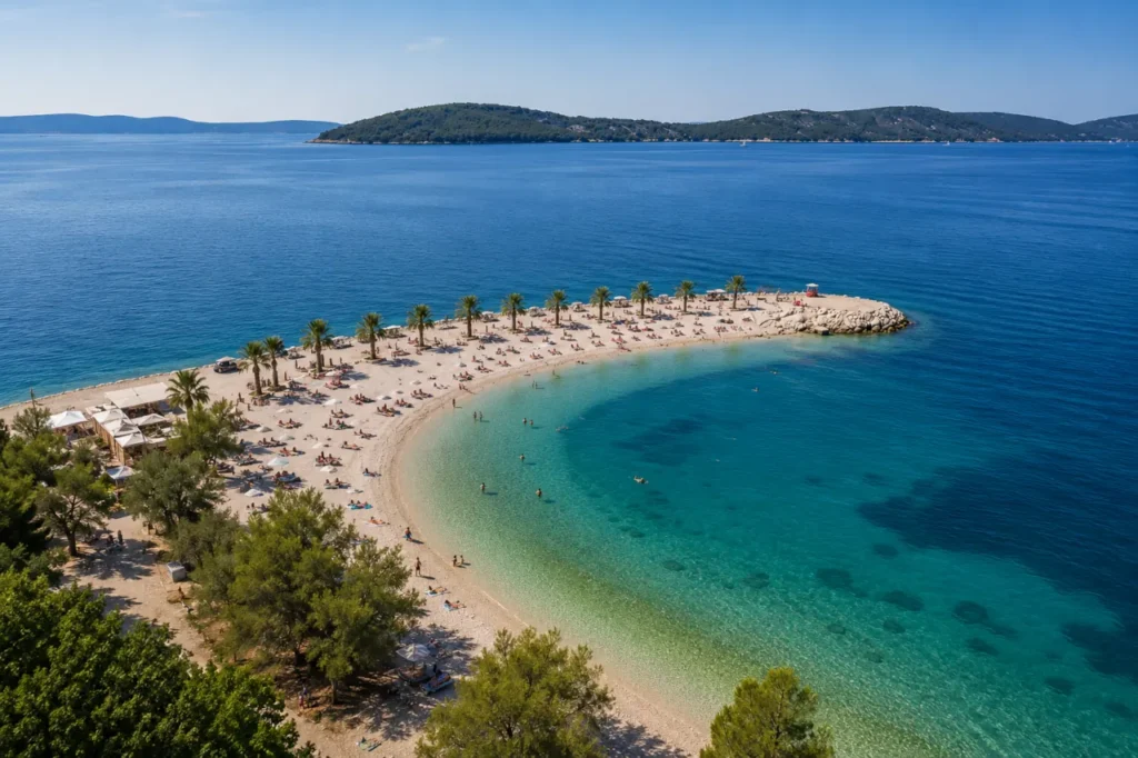 Aerial view of Kašjuni Beach in Split, Croatia, showing the curved beach, turquoise Adriatic Sea and palm-lined promenade.