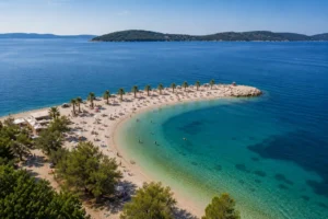 Aerial view of Kašjuni Beach in Split, Croatia, showing the curved beach, turquoise Adriatic Sea and palm-lined promenade.