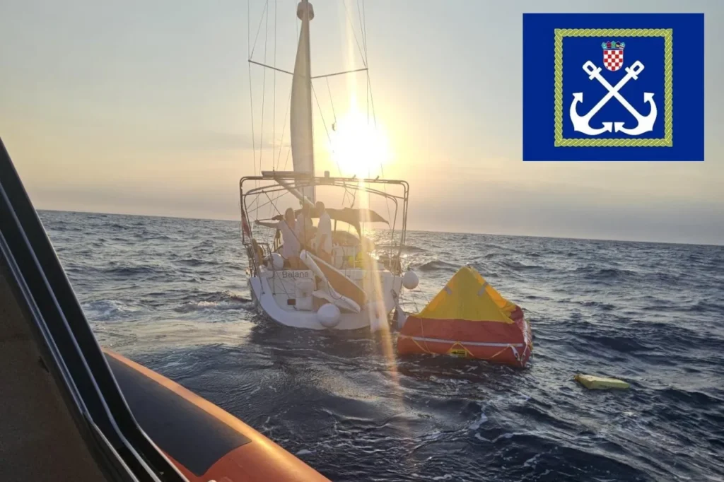 Sailboat involved in a maritime accident in the northern Adriatic off Cape Kamenjak during a storm rescue operation in Croatia