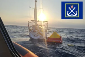 Sailboat involved in a maritime accident in the northern Adriatic off Cape Kamenjak during a storm rescue operation in Croatia