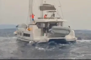 Catamaran in rough seas during the search for the missing Austrian skipper fell from a charter catamaran near Šolta