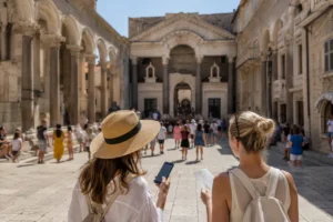 Tourists using a phone and map at Peristil in Split, Croatia while exploring SplitCard options