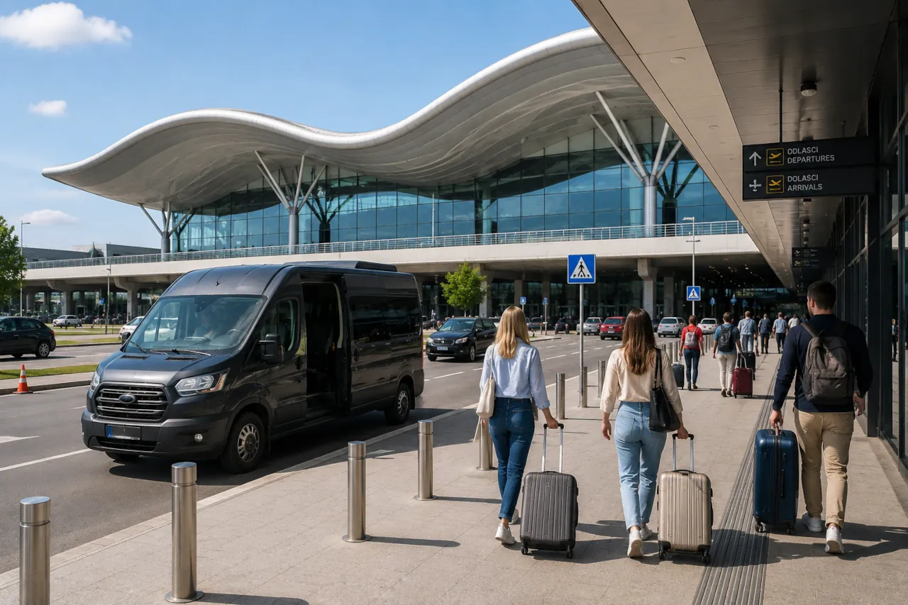 Travellers outside Zagreb Airport to the city centre transport options