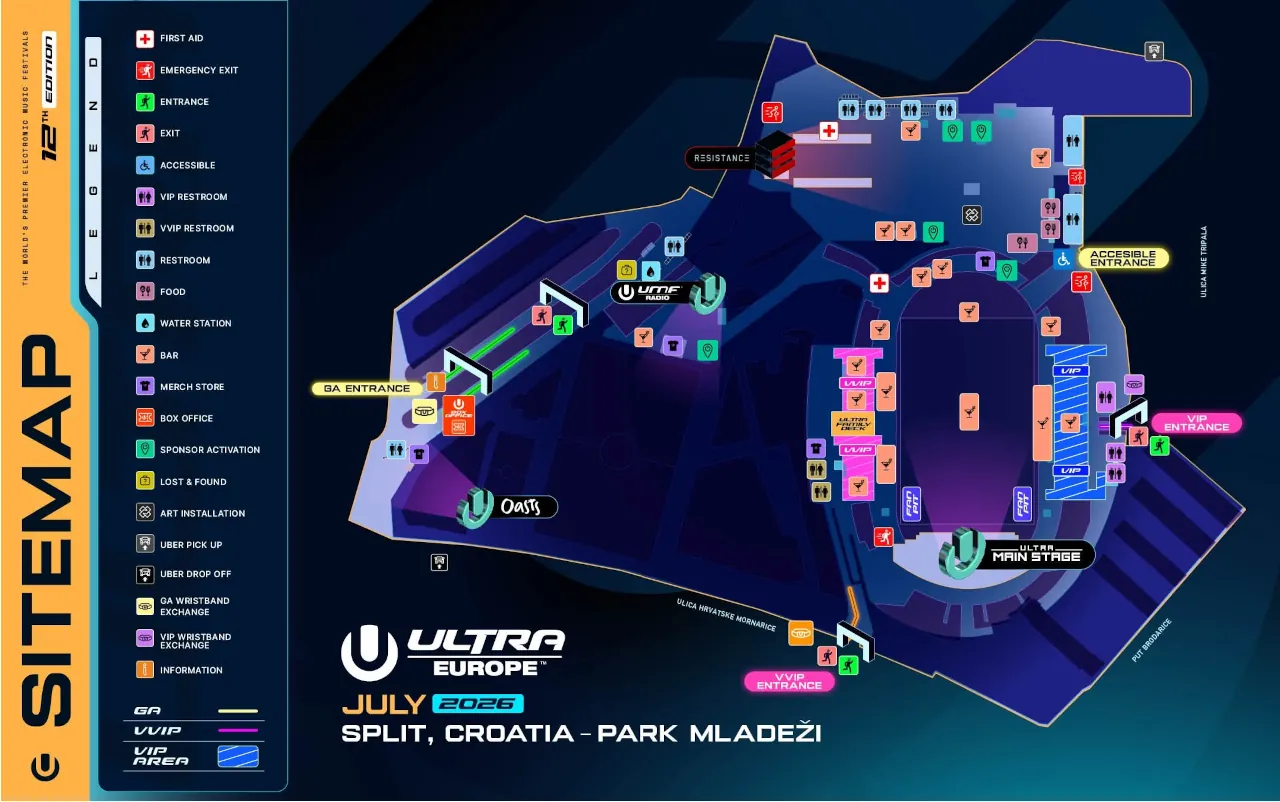 Ultra Europe 2026 festival map showing entrances, facilities, services and venue information in Park mladeži Split, Croatia
