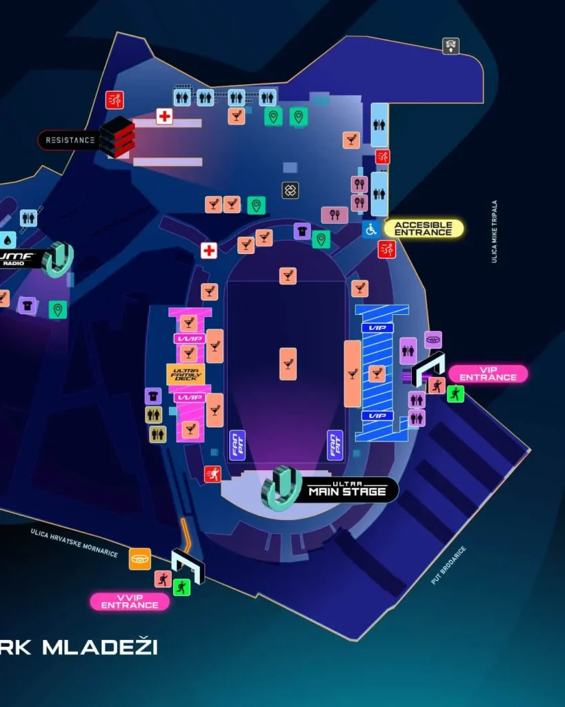 Ultra Europe 2026 festival map showing the Main Stage, Resistance, UMF Radio and Oasis at Park Mladeži in Split, Croatia