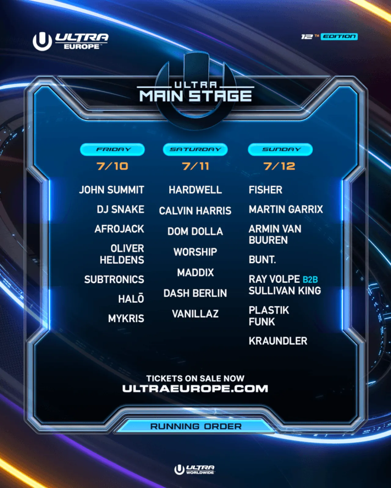 Ultra Europe 2026 lineup Main Stage showing artists performing on Friday, Saturday and Sunday.