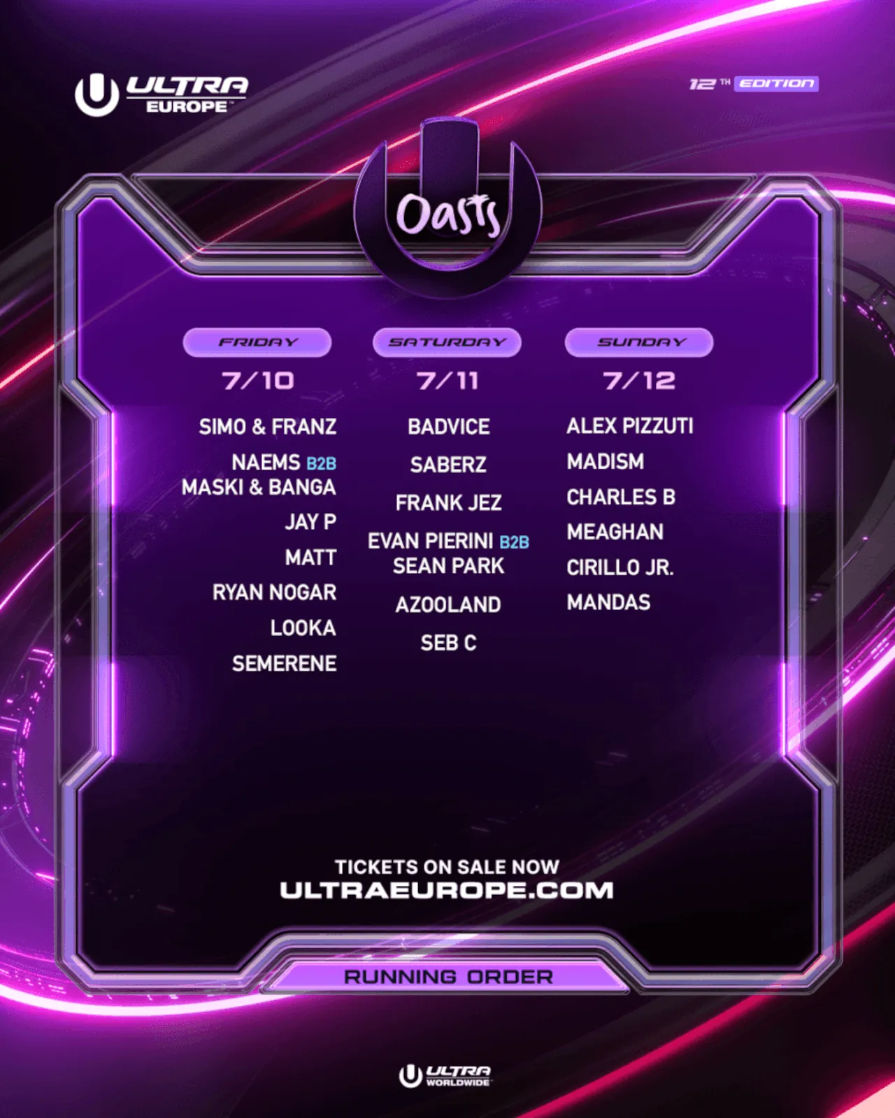 Ultra Europe 2026 lineup Oasis stage by day.