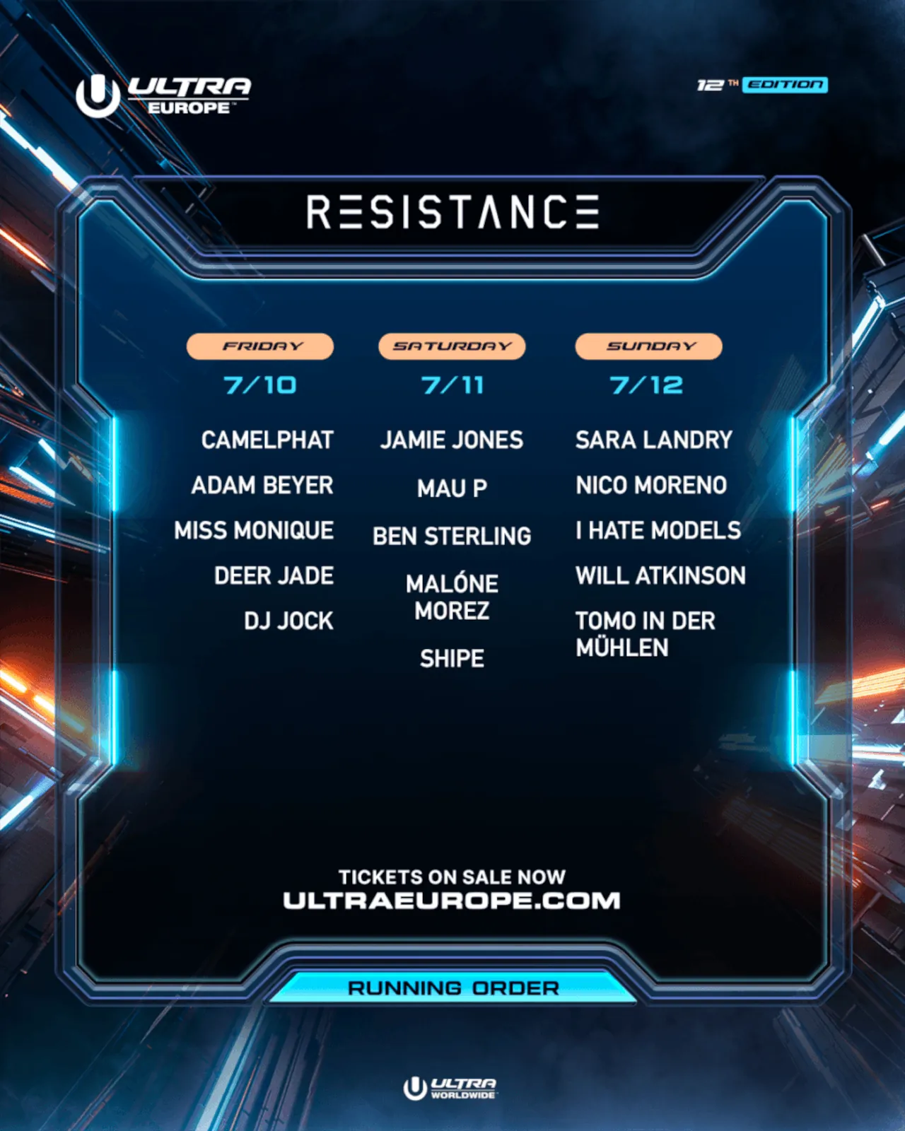 Ultra Europe 2026 lineup Resistance stage by day.