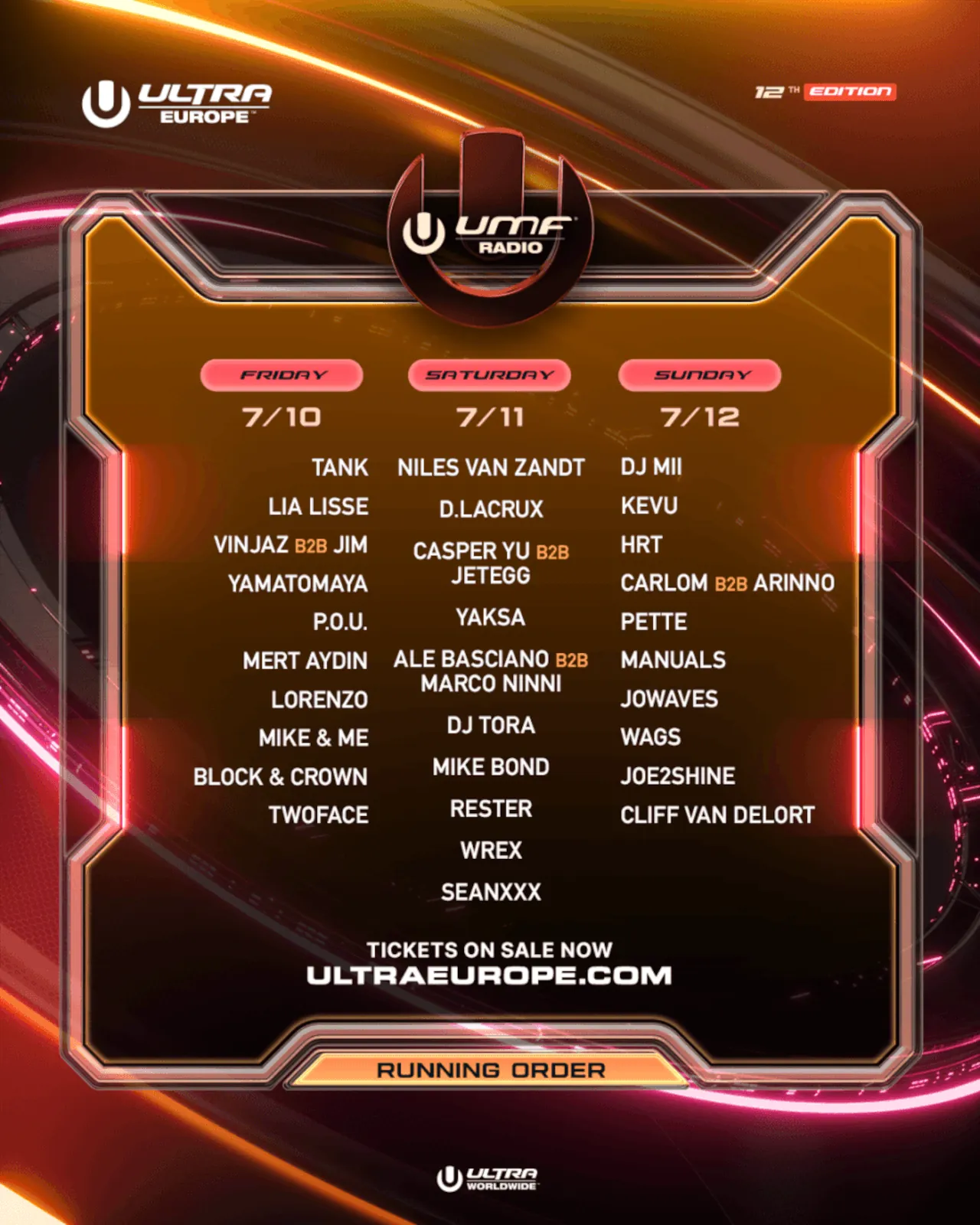 Ultra Europe 2026 lineup UMF Radio stage by day.