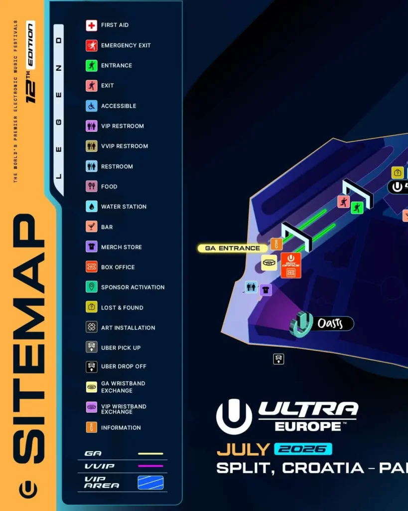Ultra Europe 2026 festival map legend showing entrances, facilities, services and venue information in Split, Croatia