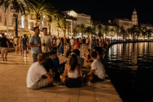 Young tourists drinking on Split Riva at night as Split bans night-time alcohol sales