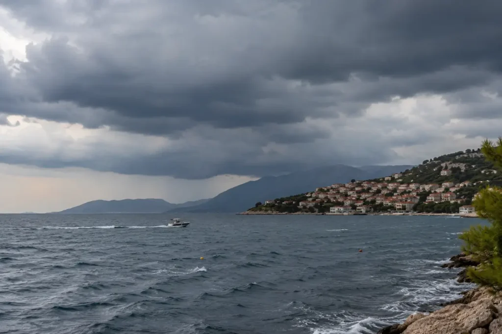 Storm clouds and rough sea during an Adriatic weather warning for strong winds and thunderstorms