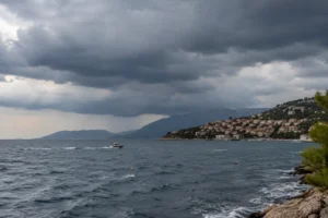 Storm clouds and rough sea during an Adriatic weather warning for strong winds and thunderstorms