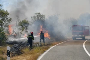 Illustration of firefighters tackling a roadside blaze, accompanying a report on fires in Zadar