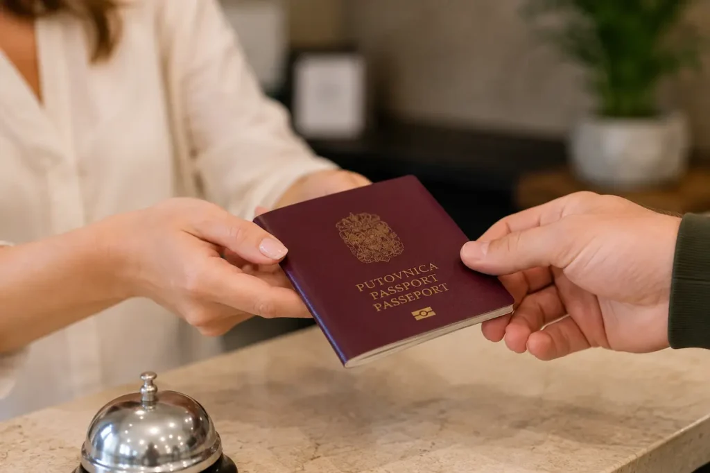 Passport being handed over during check-in for guest registration in Croatia