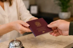 Passport being handed over during check-in for guest registration in Croatia