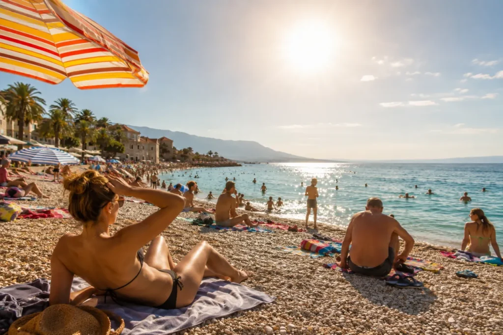 Crowded beach during hot weather as the heatwave in Croatia continues