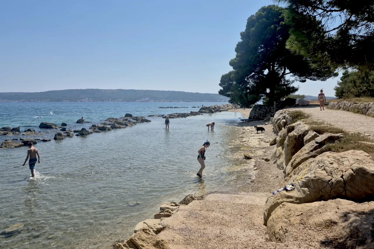 Dog beaches in Split: Kaštel Štafilić Dog Beach with pebbles, pine trees and natural shade