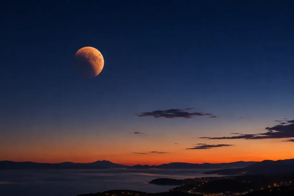 Partial lunar eclipse in Croatia visible low above the horizon before dawn