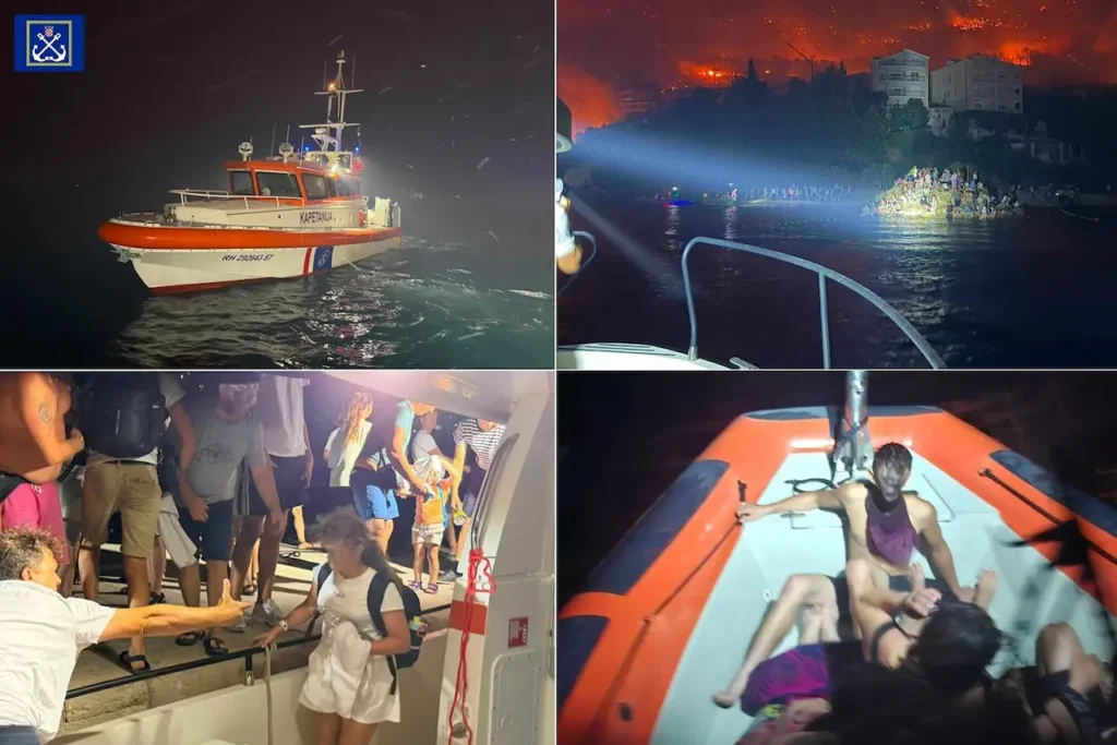 People waiting for sea rescue as the Omiš wildfire burns along the coast