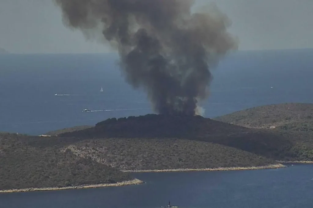 Aerial view of the Pakleni Islands wildfire burning on Sveti Klement
