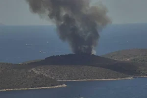 Aerial view of the Pakleni Islands wildfire burning on Sveti Klement