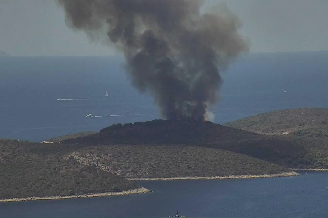 Aerial view of the Pakleni Islands wildfire burning on Sveti Klement
