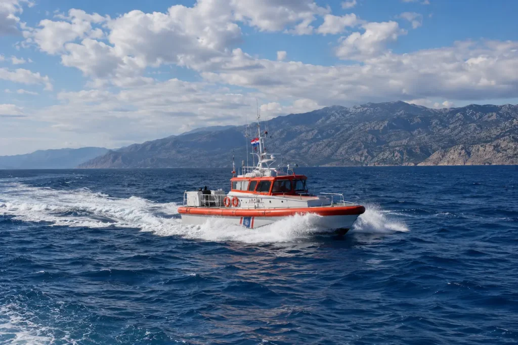Rescue boat searching for Portuguese tourist in Croatia in the Velebit Channel Illustration