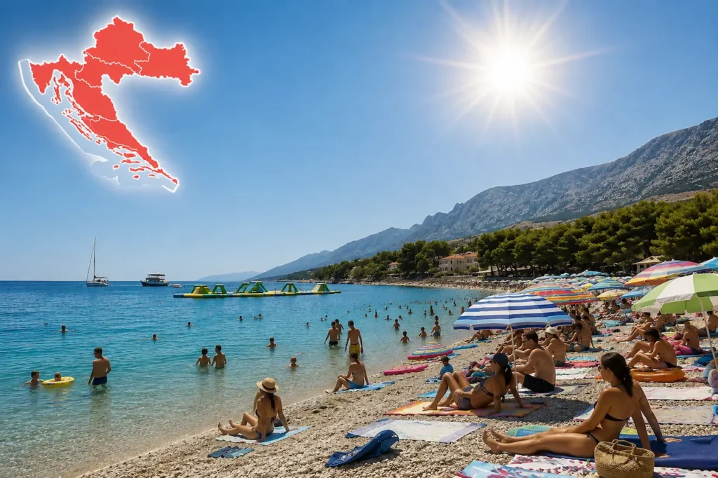 Red heatwave warning in Croatia with people swimming and sunbathing on a crowded beach