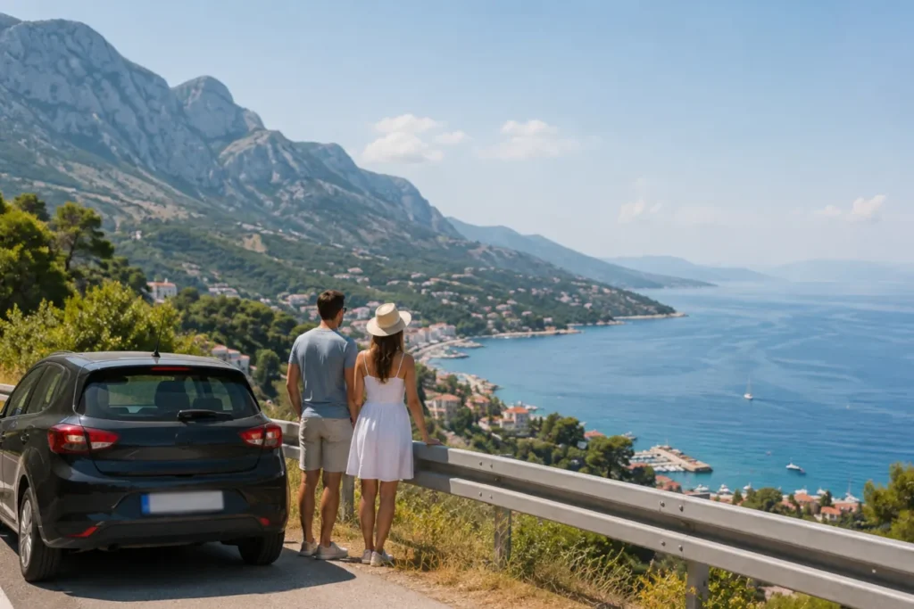 Couple stopping to enjoy the coast while travelling with a rent a car in Croatia