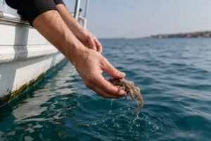 Scientists releasing young octopuses in the Adriatic Sea from a research boat