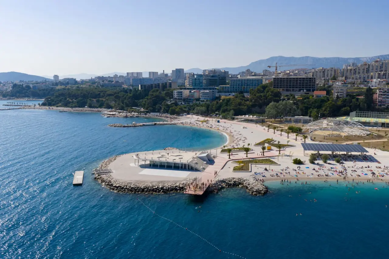 Aerial view of Žnjan Beach and the waterfront in Split, Croatia