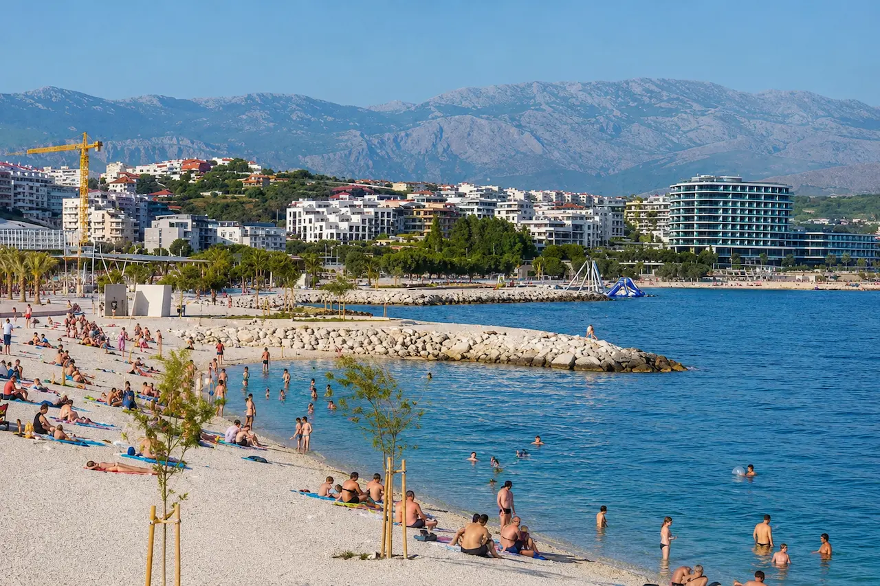 Swimmers and sunbathers at Žnjan Beach in Split, Croatia