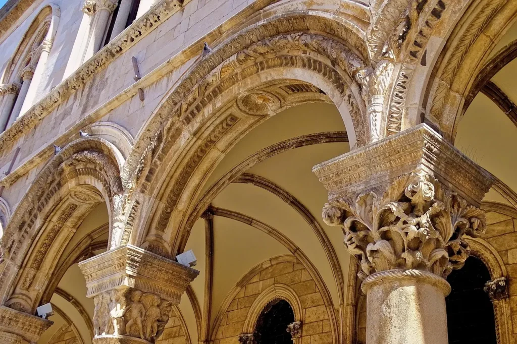 Ornate stone arches and carved columns of the Rector’s Palace in Dubrovnik, illustrating European Heritage Days in Croatia.