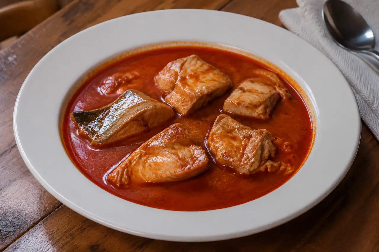 Traditional fiš paprikaš served at a Croatian fish stew festival in Baranja