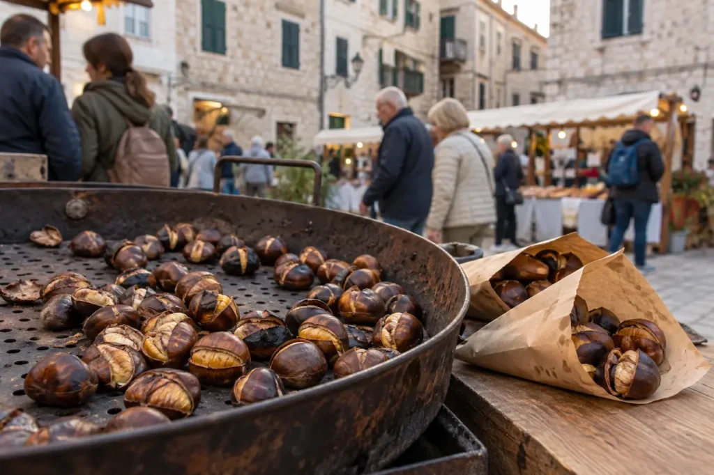 Roasted chestnuts at an autumn market stall, illustrating events in Croatia in October